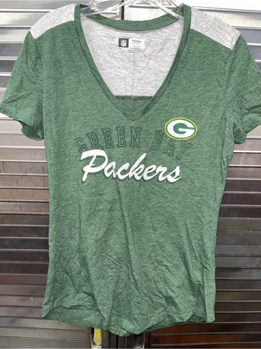 NFL Green Bay Packers Women's Green V-Neck Tee with Gray Accents